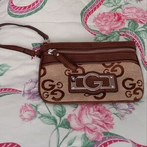 Guess Brown and Tan Clutch with Monogram Design